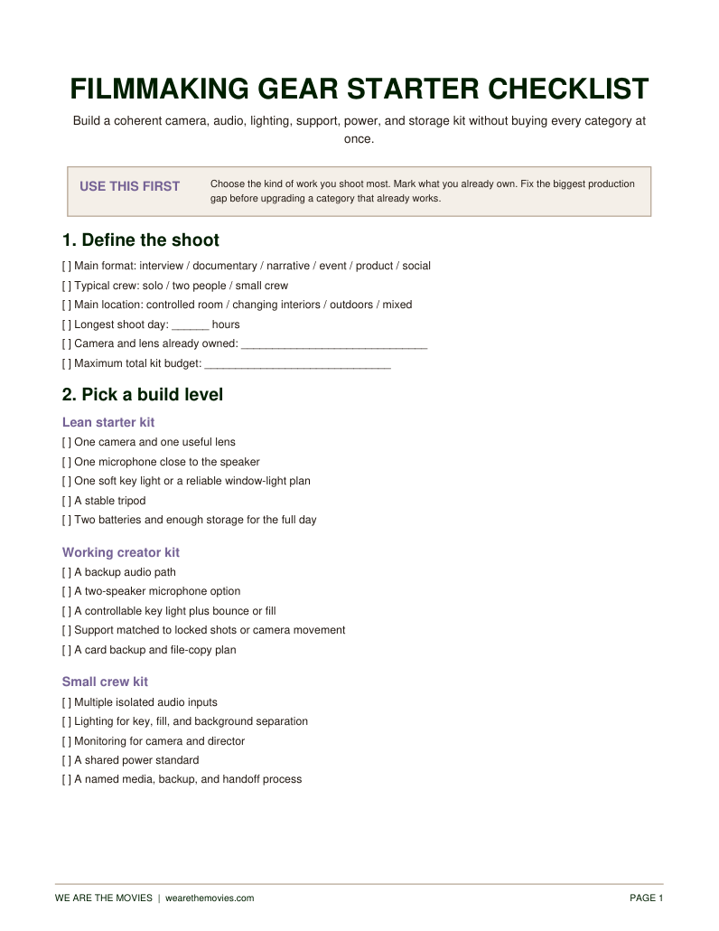 First page of the four-page Filmmaking Gear Starter Checklist