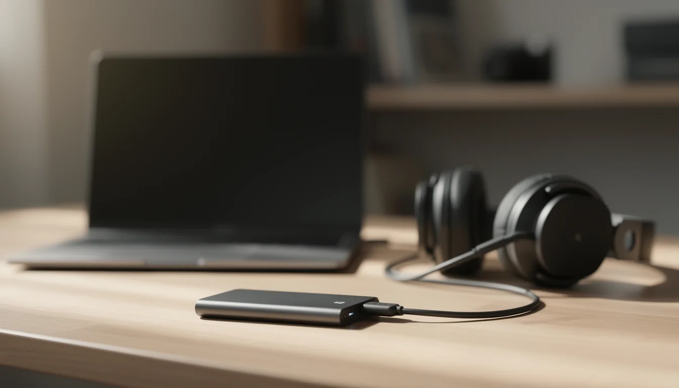 Portable drive connected to a laptop beside headphones on a wooden desk