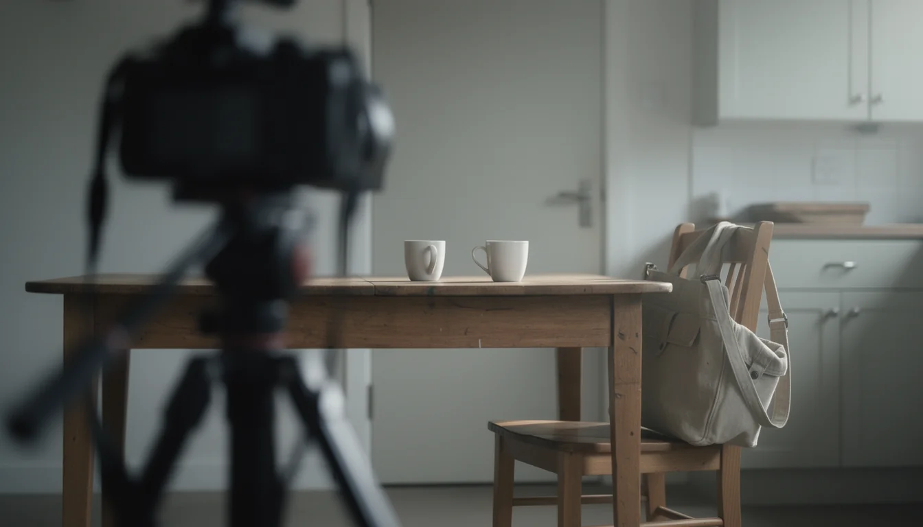 Two cups on a kitchen table and a bag on a chair, with a blurred camera in the foreground