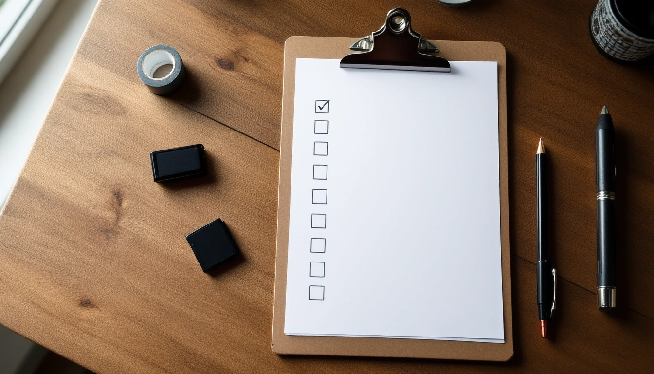 Printed filmmaking gear checklist beside a camera on a studio workbench